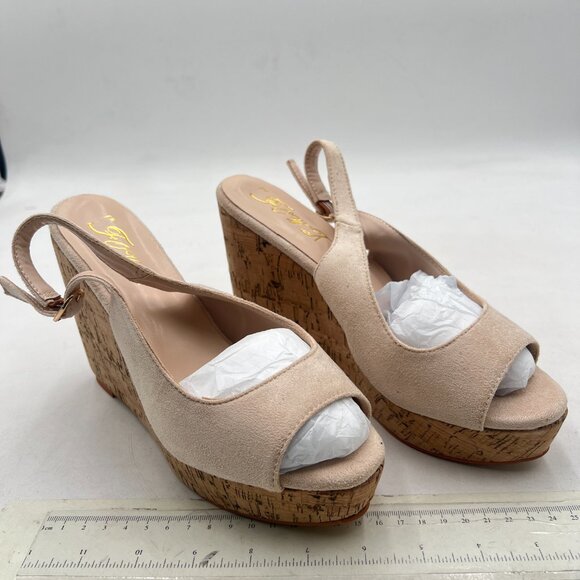 FOWT Apricot Peep Toe Slingback Platform Wedge High Heel Buckle Open Toe Sandals - Picture 4 of 8